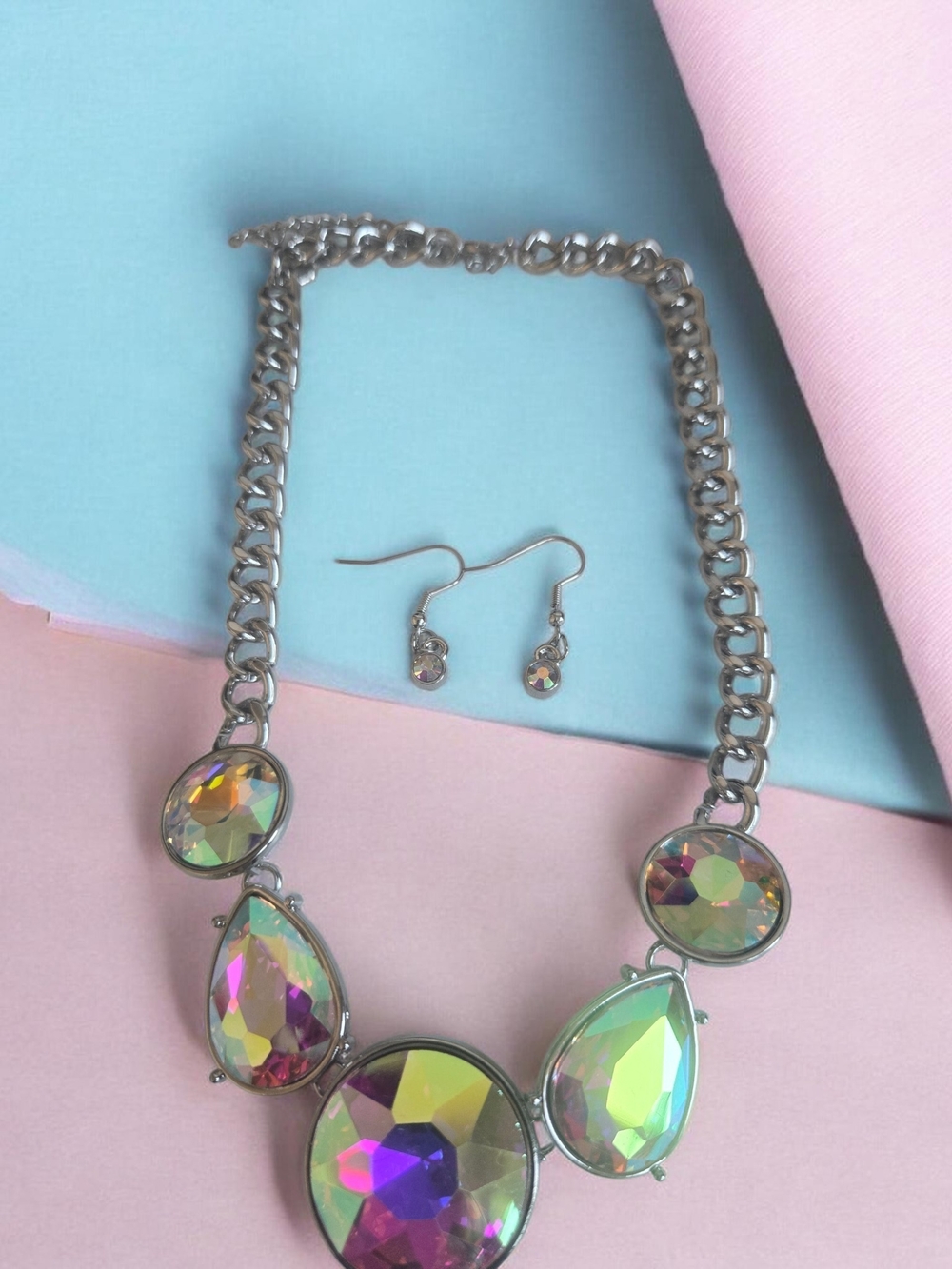 Iridescent Crystal Statement Necklace and Earring Set - Silver